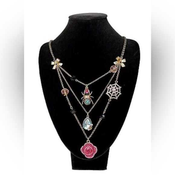 Betsey Johnson Layered Necklace Spider Web Rose Rhinestone - Picture 1 of 11